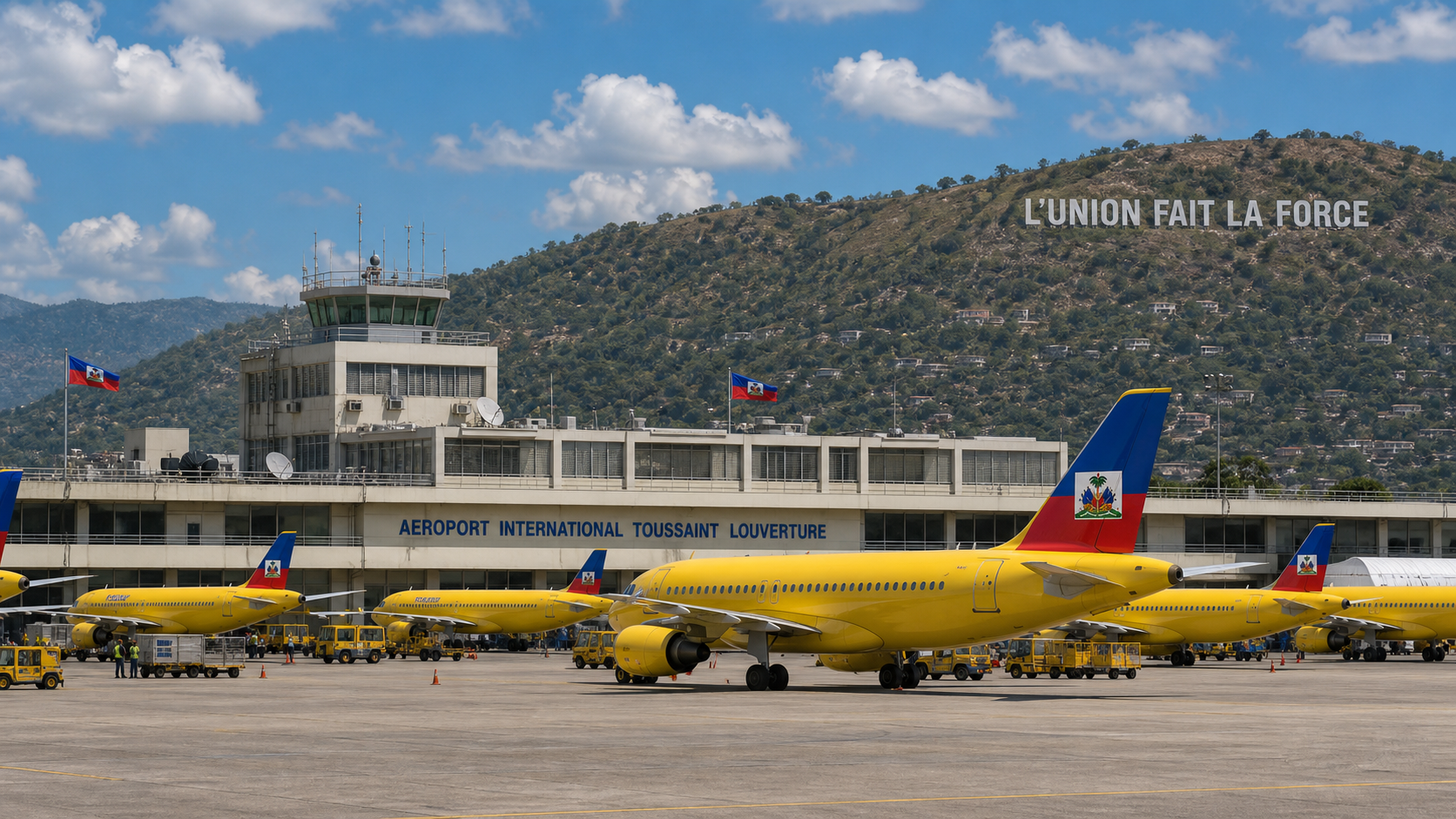 Aéroport international Toussaint Louverture avec plusieurs avions jaunes, le drapeau d'Haïti sur la queue des avions et le slogan L'Union fait la force sur la montagne